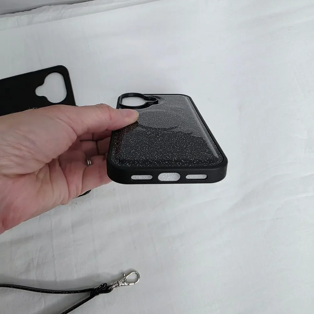 iPhone 16 Pro Black Glitter Phone Case With Detachable Wallet with Card Holder